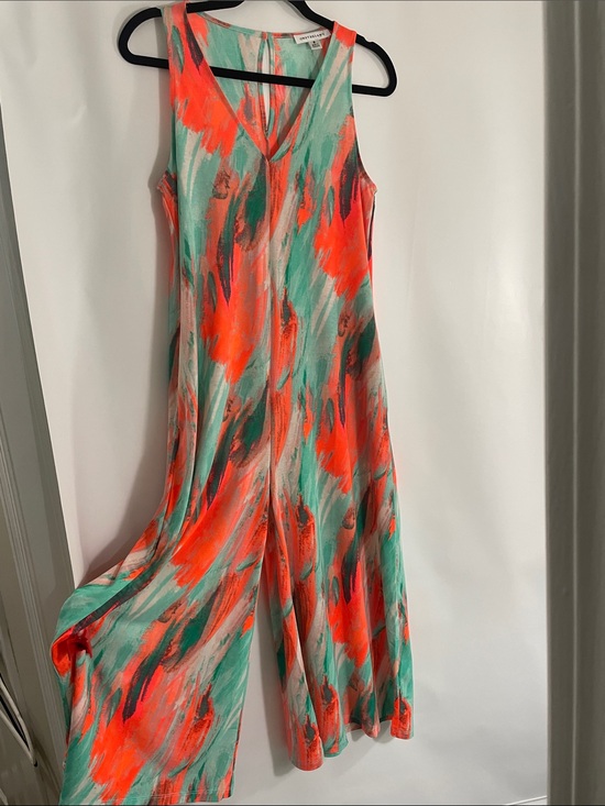 Onetheland Pants - Sleeveless Coral & Mint Printed Wide-Leg Jumpsuit